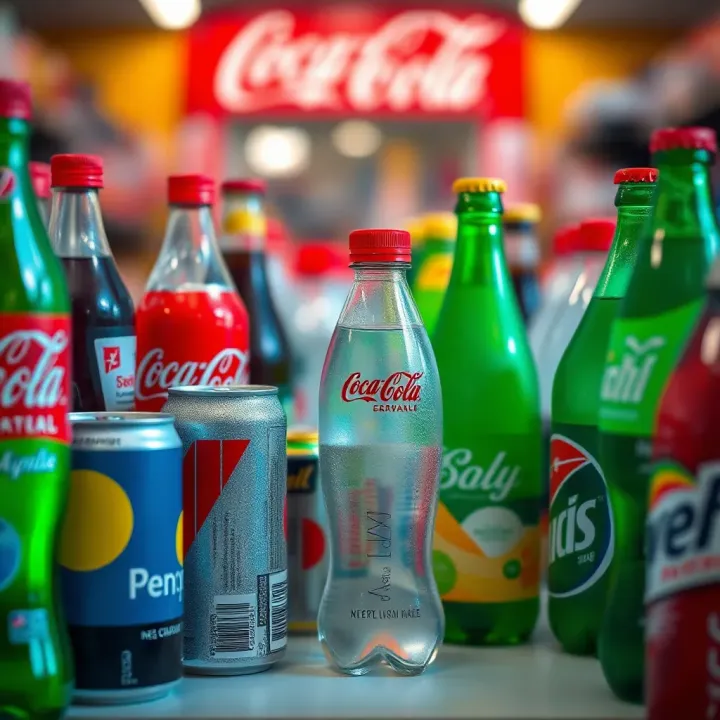 Overview of Major Competitors in the Global Beverage Market Global beverage market competition with various leading brands in colorful bottles and cans
