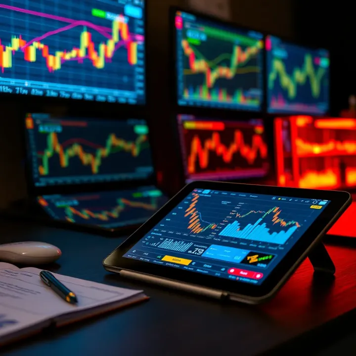 A digital tablet showcasing various financial market graphs and educational trading content
