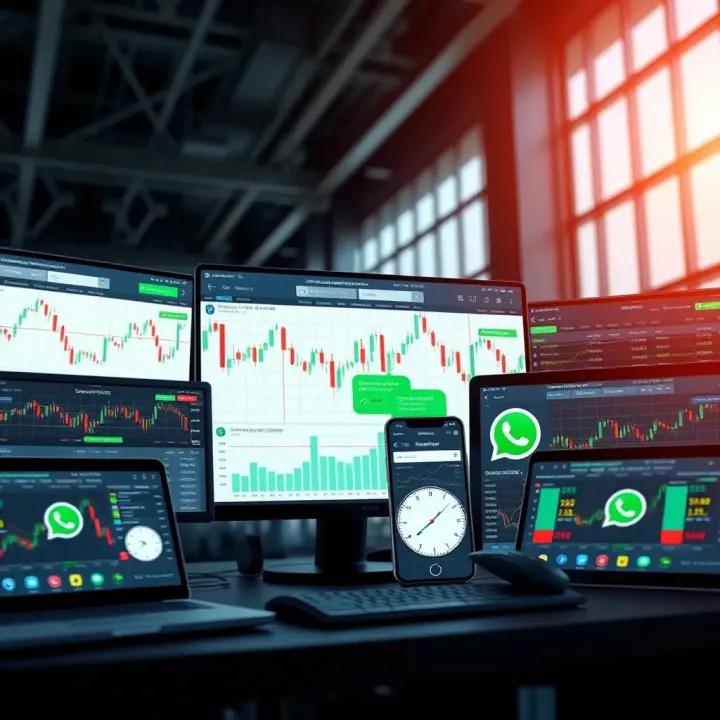 Group of digital devices displaying Forex market charts and communication apps