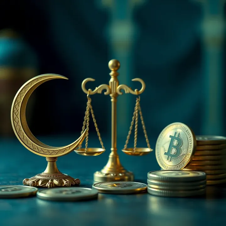 Islamic finance symbols including a crescent, scales of justice, and currency icons representing halal financial principles