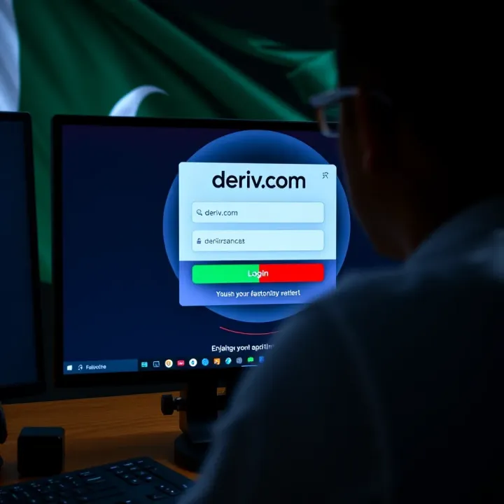 User entering credentials on Deriv.com login screen with Pakistani flag in background