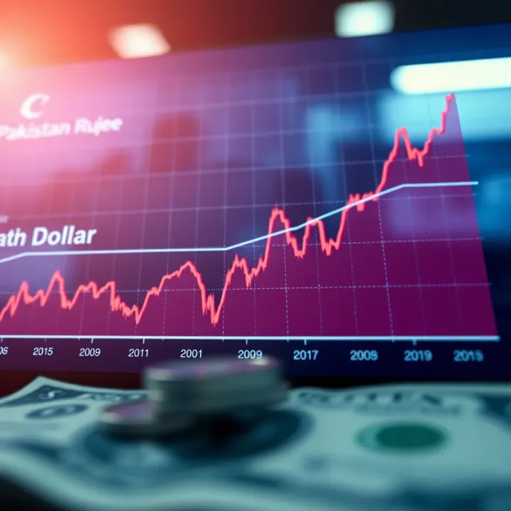 Graph showing fluctuating exchange rates between US dollar and Pakistani rupee over time