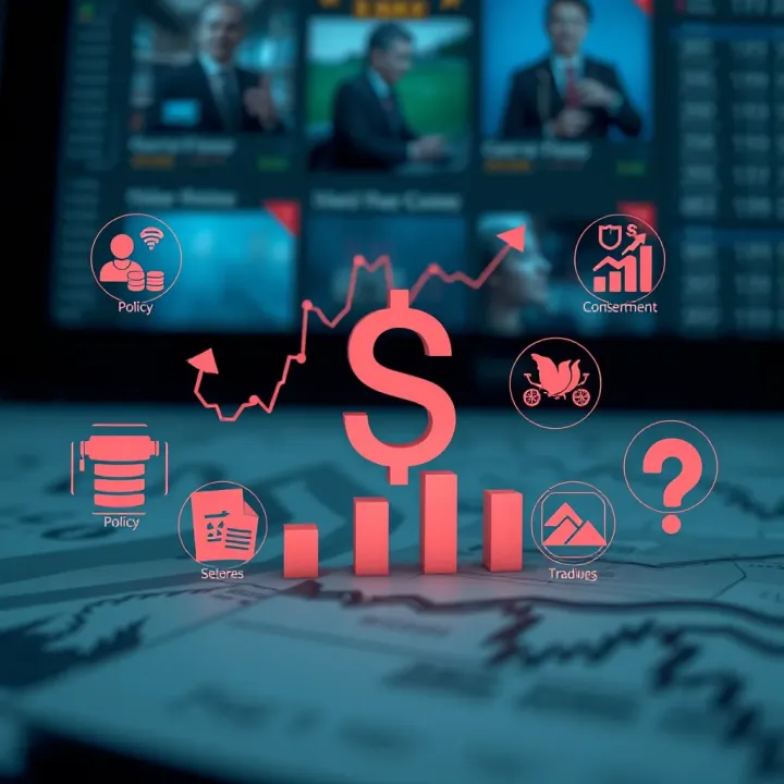 Illustration of economic factors impacting currency values with icons representing policies and market trends