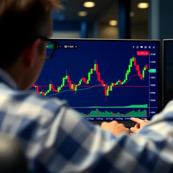 Graph showing upward trends and trading indicators on a digital platform screen