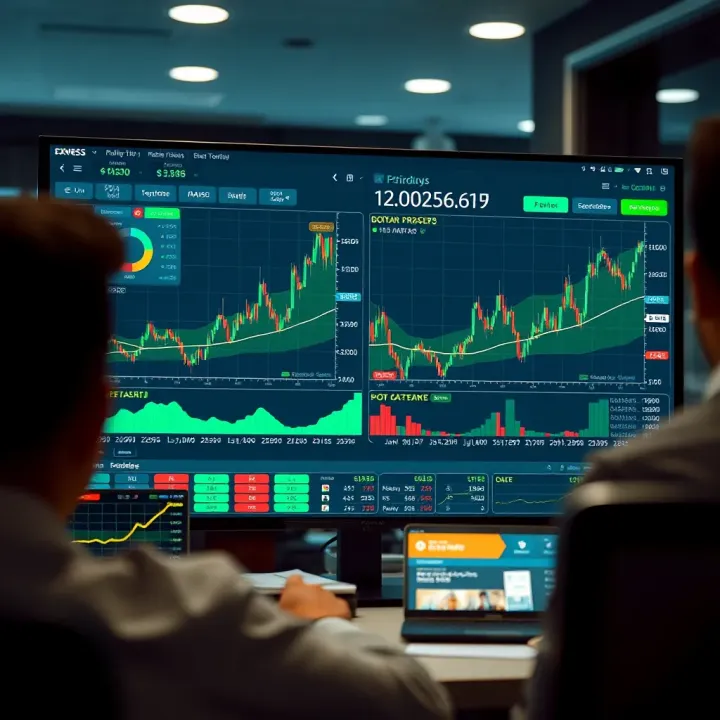 User interface showcasing the main dashboard of Exness trading terminal with charts and financial data