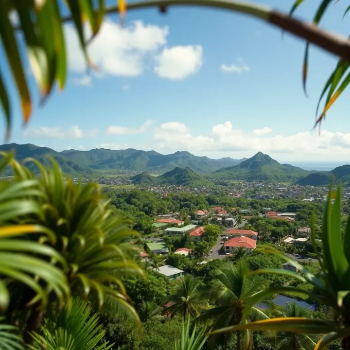 Lush green landscape with tropical trees and hills surrounding Kailua town under a clear blue sky