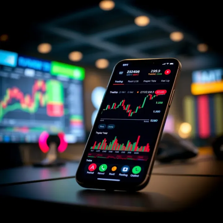 Mobile phone displaying a trading app interface with charts and financial data