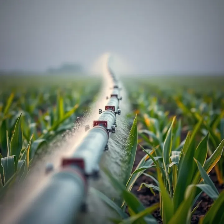Effective Water Management and Pest Control in Sugarcane Cultivation Irrigation system watering sugarcane crop with visible pest control measures in place