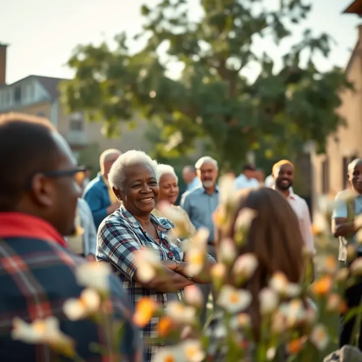 Community gathering in a serene outdoor setting reflecting unity and shared beliefs
