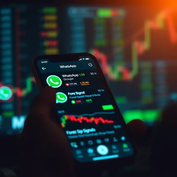 A mobile phone screen showing Forex trading charts and WhatsApp group messages with market signals