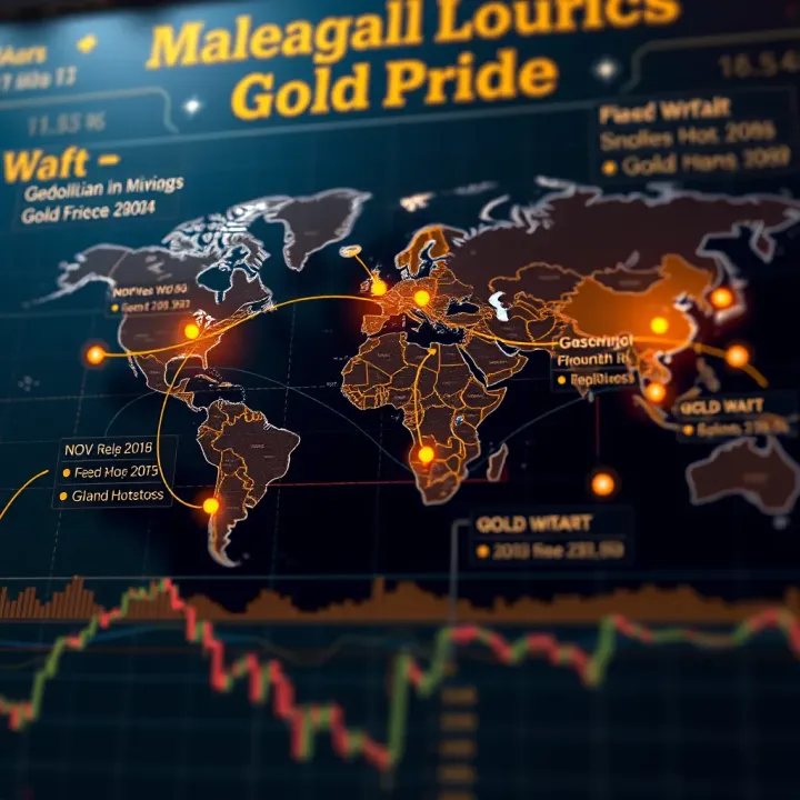 Geopolitical Influences on Gold Price Dynamics World map highlighting geopolitical hotspots impacting gold market fluctuations