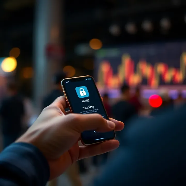 Installing Trading Application with Security Features User installing a trading application on a smartphone with security icons visible