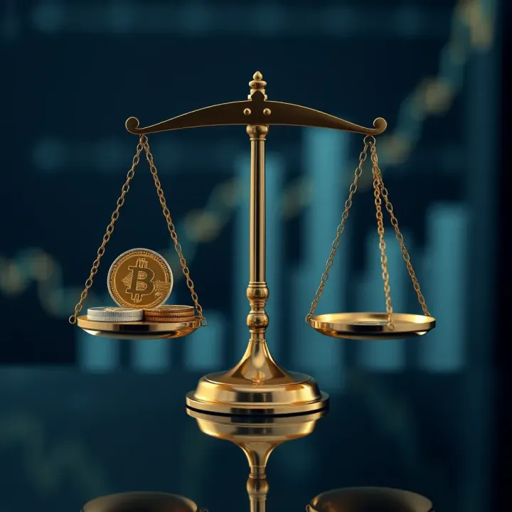 Illustration of a balanced scale with cryptocurrency icons on one side and Islamic finance symbols on the other
