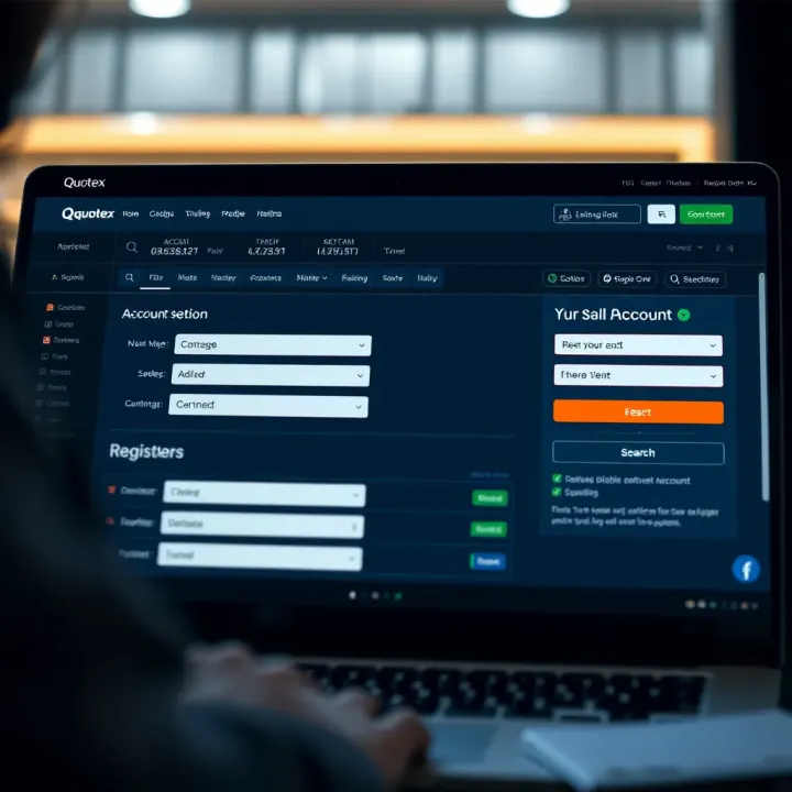 User interface of Quotex platform showcasing registration fields and account setup options