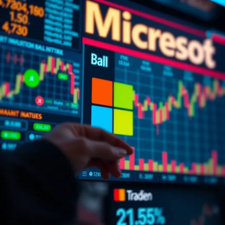 Illustration of factors influencing Microsoft share value including financial reports and global technology developments