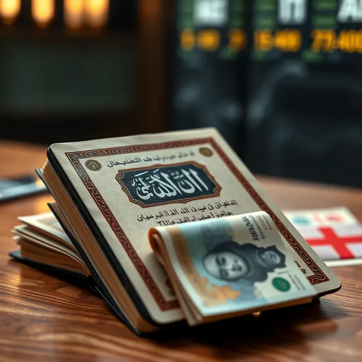 Symbolic representation of Islamic finance principles with Quran and currency notes