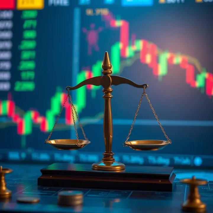 Islamic finance principles symbolized by scales of justice over a background of financial charts