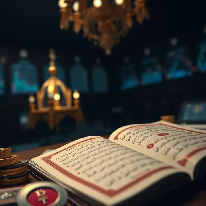 Illustration of Islamic finance principles with Quran and financial symbols