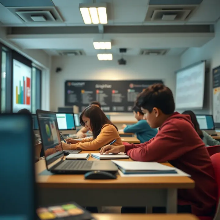 Classroom with students engaging in learning activities using modern educational tools
