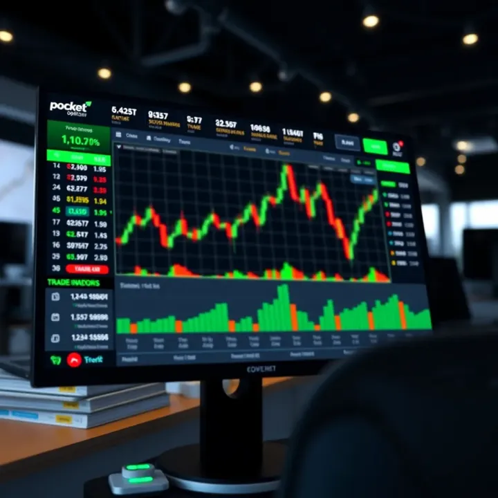 Dashboard view of the Pocket Option trading platform showing market graphs and trading options