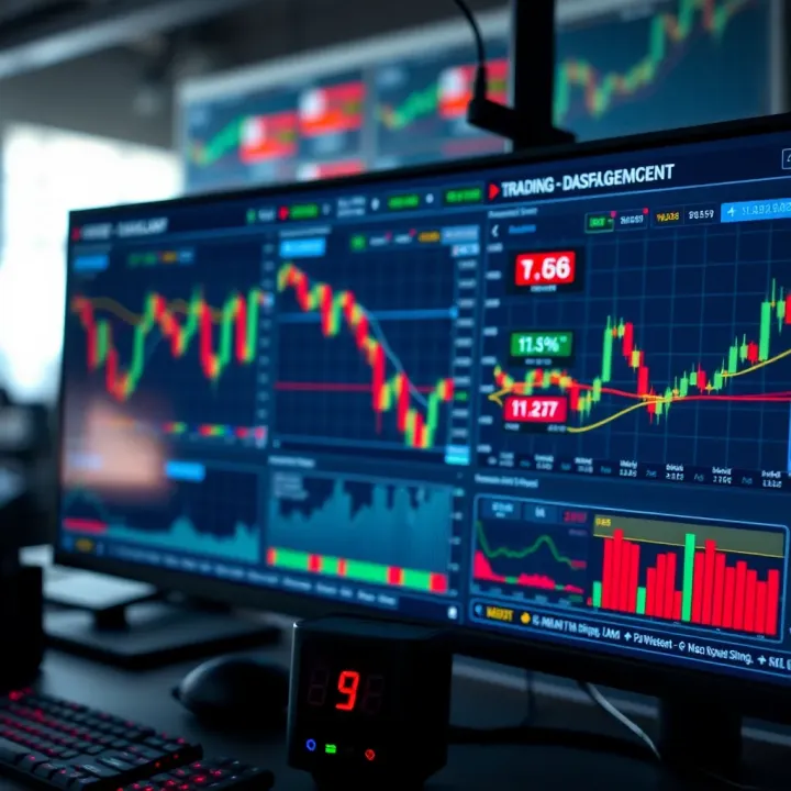 Digital dashboard with forex trading charts and risk management indicators