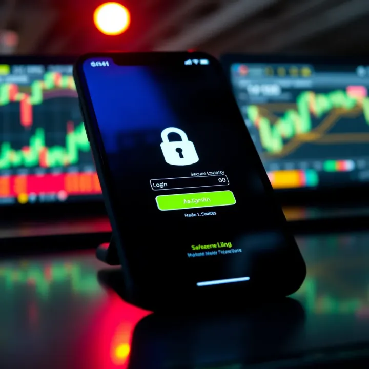 Secure Login and Cybersecurity for Trading Apps Illustration of secure login on a mobile device emphasizing cybersecurity for trading apps