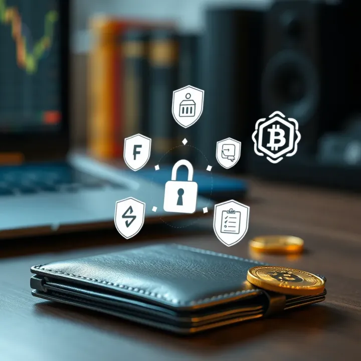 Illustration of a secure digital wallet with icons representing risk management and compliance regulations