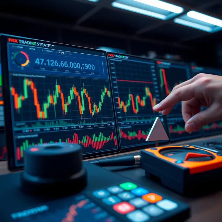Illustration of trading strategy concepts with graphs, indicators, and risk management tools