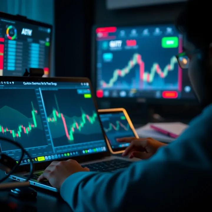 Trader using Quotex demo account on laptop with clear indicators and trading tools visible