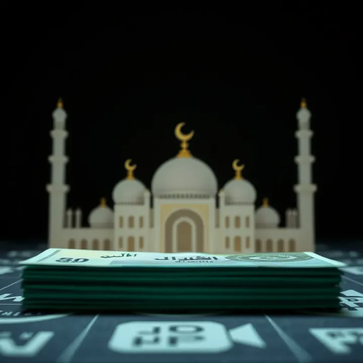 Illustration showing prize bonds with Islamic finance symbols and a mosque silhouette