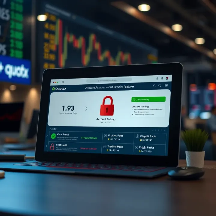 Visual representation of account setup steps and security features on Quotex platform
