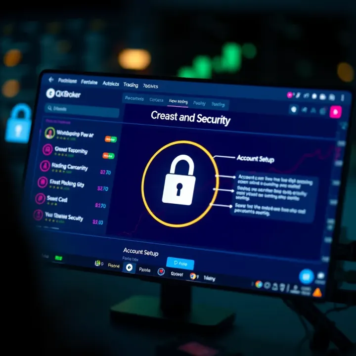 Visual guide illustrating account creation and security features on QXBroker.com