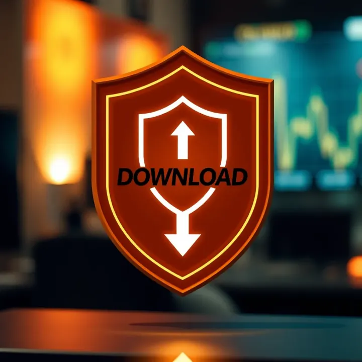 Icon representing secure download with a shield and arrow pointing downwards