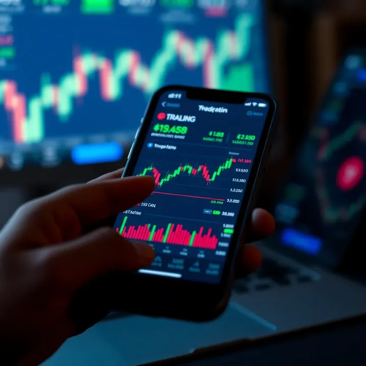 Mobile phone displaying a trading application interface with charts and stock data