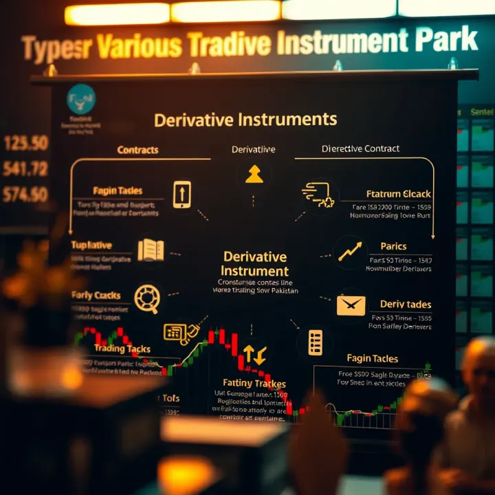 Diagram depicting different types of derivatives with icons representing contracts and trading tools