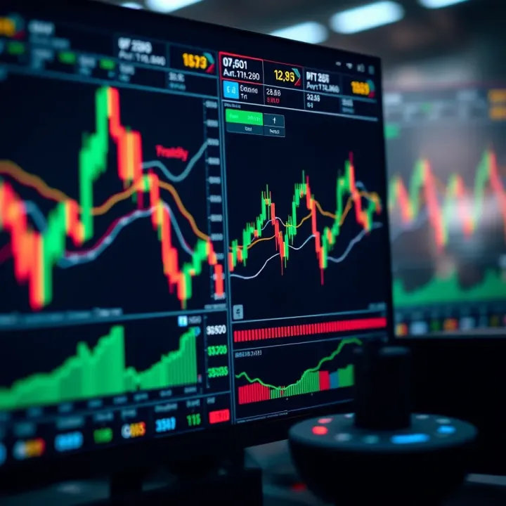 Digital Trading Platform Featuring Market Charts and Analytical Tools Digital interface showing trading platform with charts and market analysis tools
