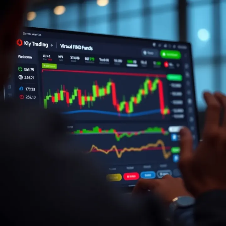 Screen showing demo trading platform interface with charts and virtual funds balance
