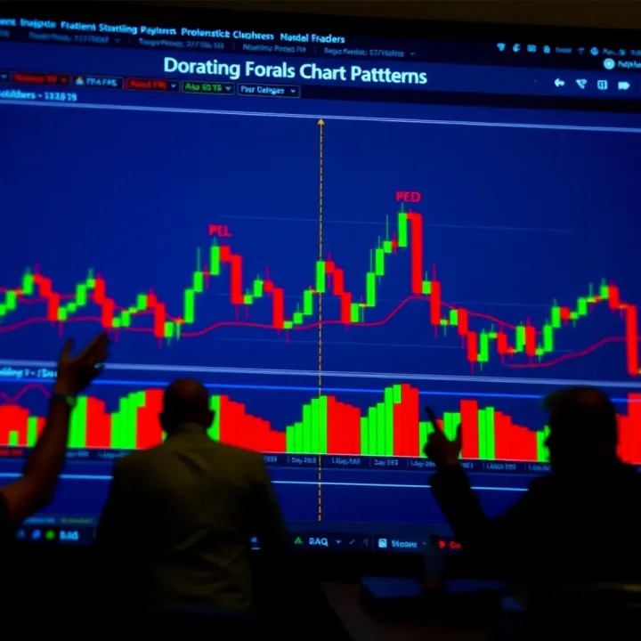 Graphic depicting various forex chart patterns such as head and shoulders and double tops highlighted on candlestick charts