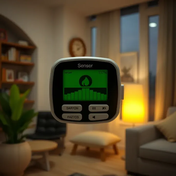 Close-up of a digital gas leak detector showing sensor readings in a residential setting