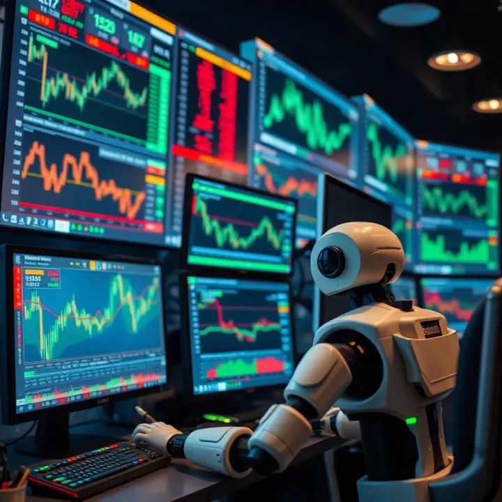Automated Trading System in Action Illustration of automated trading system analyzing financial data on multiple screens