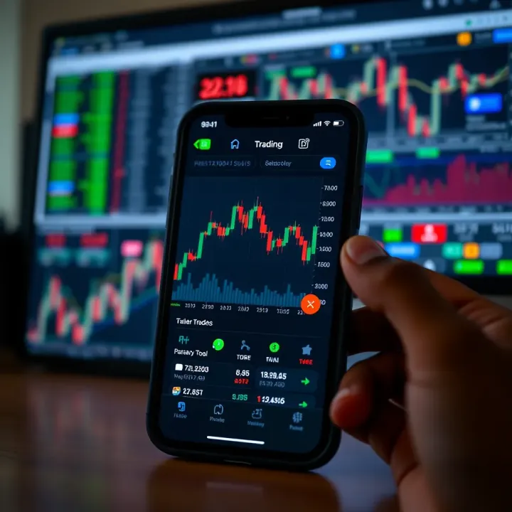 Mobile device displaying a trading application interface with market charts and various trading tools