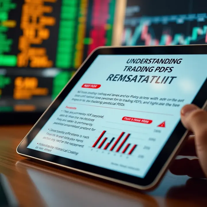 Illustration of a digital tablet displaying a trading PDF with highlighted sections and graphs