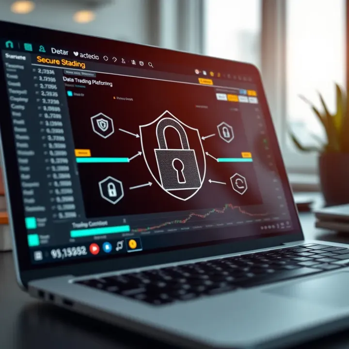 Secure login screen with encrypted data protection symbols on a laptop
