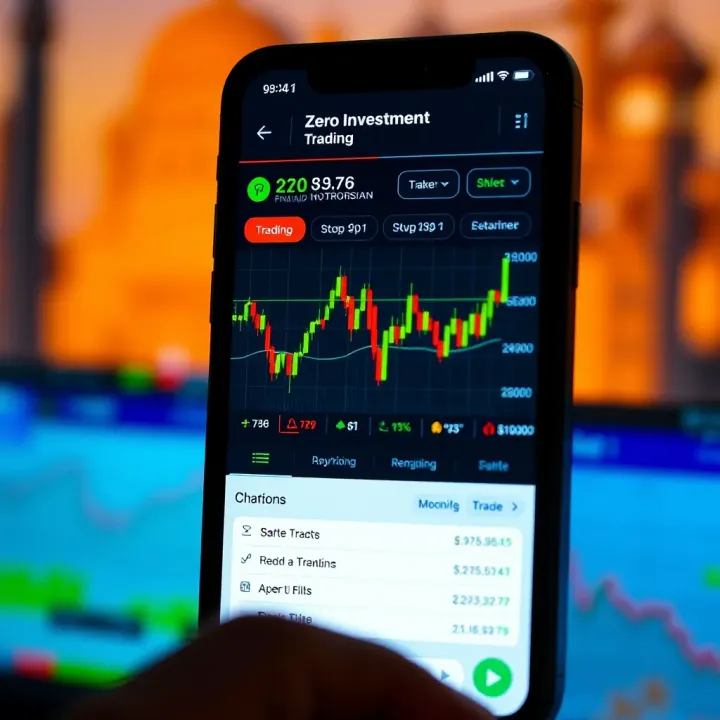 Mobile phone screen displaying a zero investment trading app interface with charts and trading options