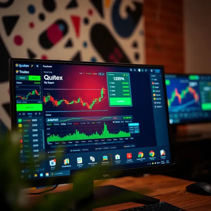 Quotex App Interface on PC User interface of Quotex app displayed on a computer screen showing trading charts and options