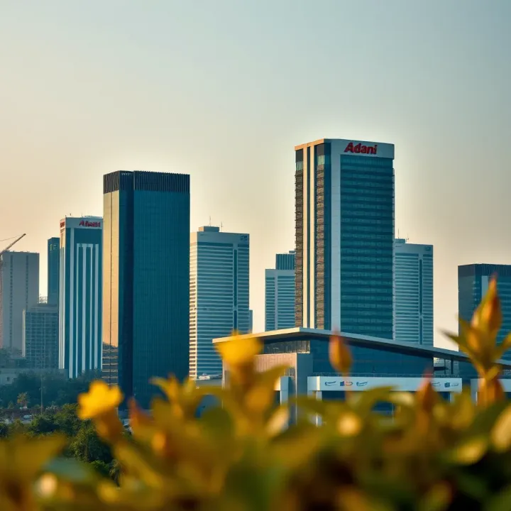 Corporate skyline featuring modern high-rise buildings representing the Adani Group's business headquarters