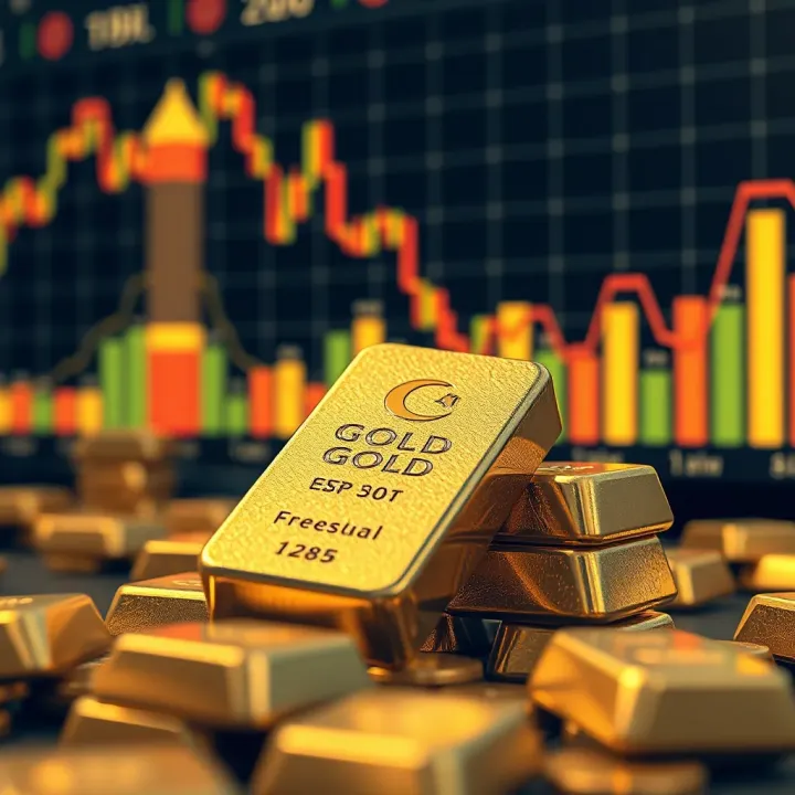 Illustration of gold bars with economic indicators in the background representing market analysis in Pakistan